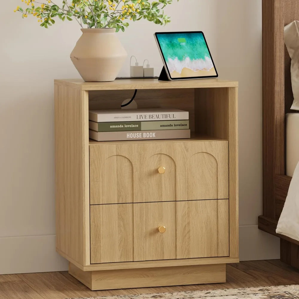 Nightstand with Charging Station Mid Century Modern Boho End Table