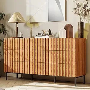 Fluted Dresser 59" Wide 9 Drawer Mid Century Modern Wood Chest