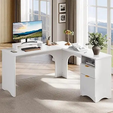 L Shape Office Desk with File Drawer Modern Computer Desk 55.7" x 55"