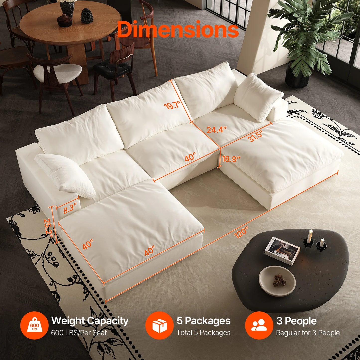 U-Shaped Cloud Couch Down-Filled Modern Modular Sectional Sofa Living Room