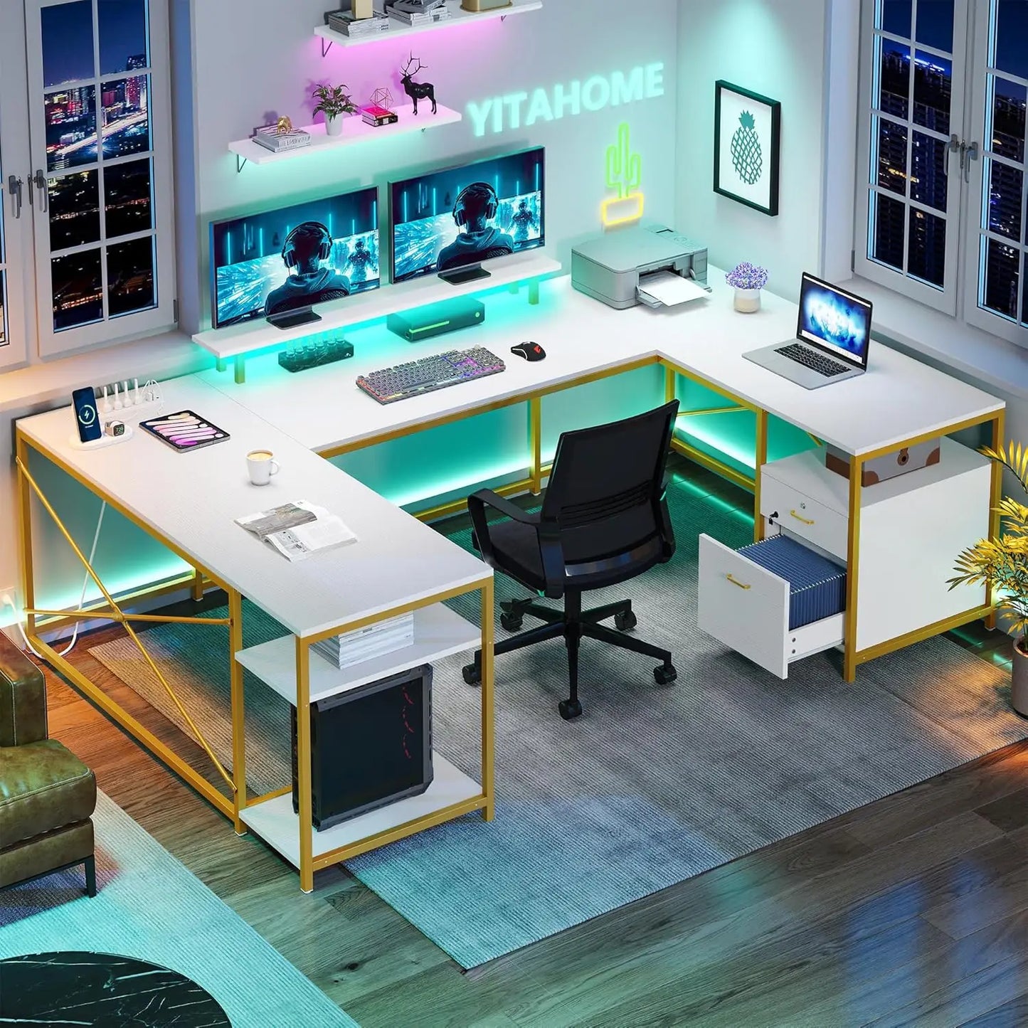 U Shaped Desk with Power Outlets LED Lights Reversible L Shaped Desk