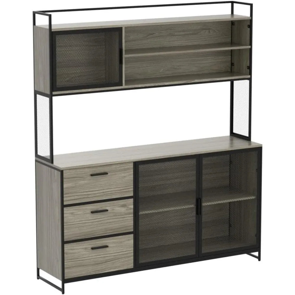 Large Kitchen Hutch Storage Cabinet with Metal Frame and Mesh Doors