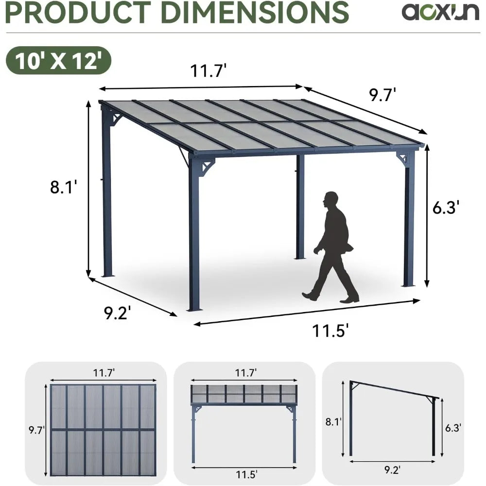 10x12 Gazebo Pergola Heavy Duty Wall-Mounted Patio Awning Outdoor Shade