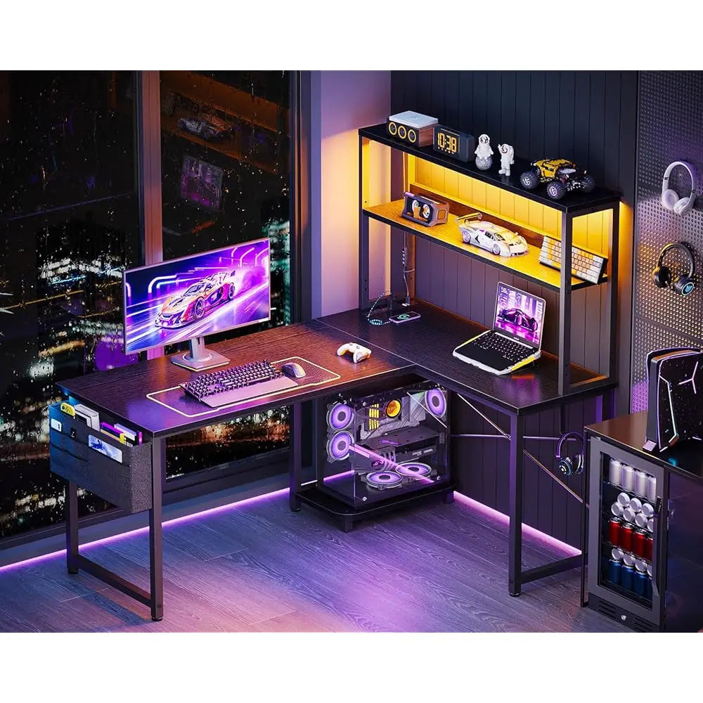 L Shaped Desk with LED Lighting Gaming Desk with Power Outlets Storage