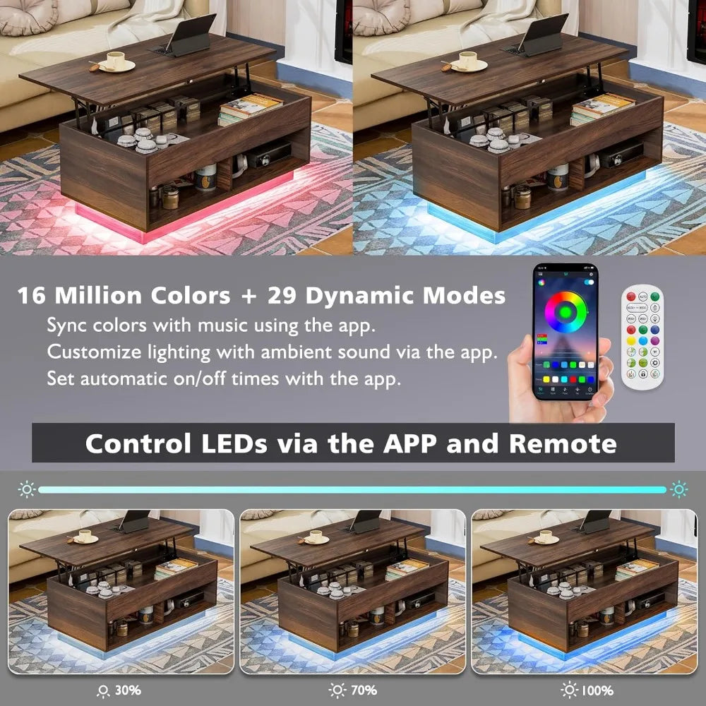 Lift Top Coffee Table with Storage Adjustable LED Modern Table