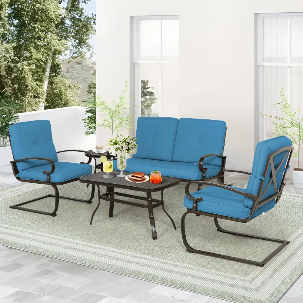 5 Piece Metal Outdoor Furniture Set Wrought Iron Patio Chair Cushions