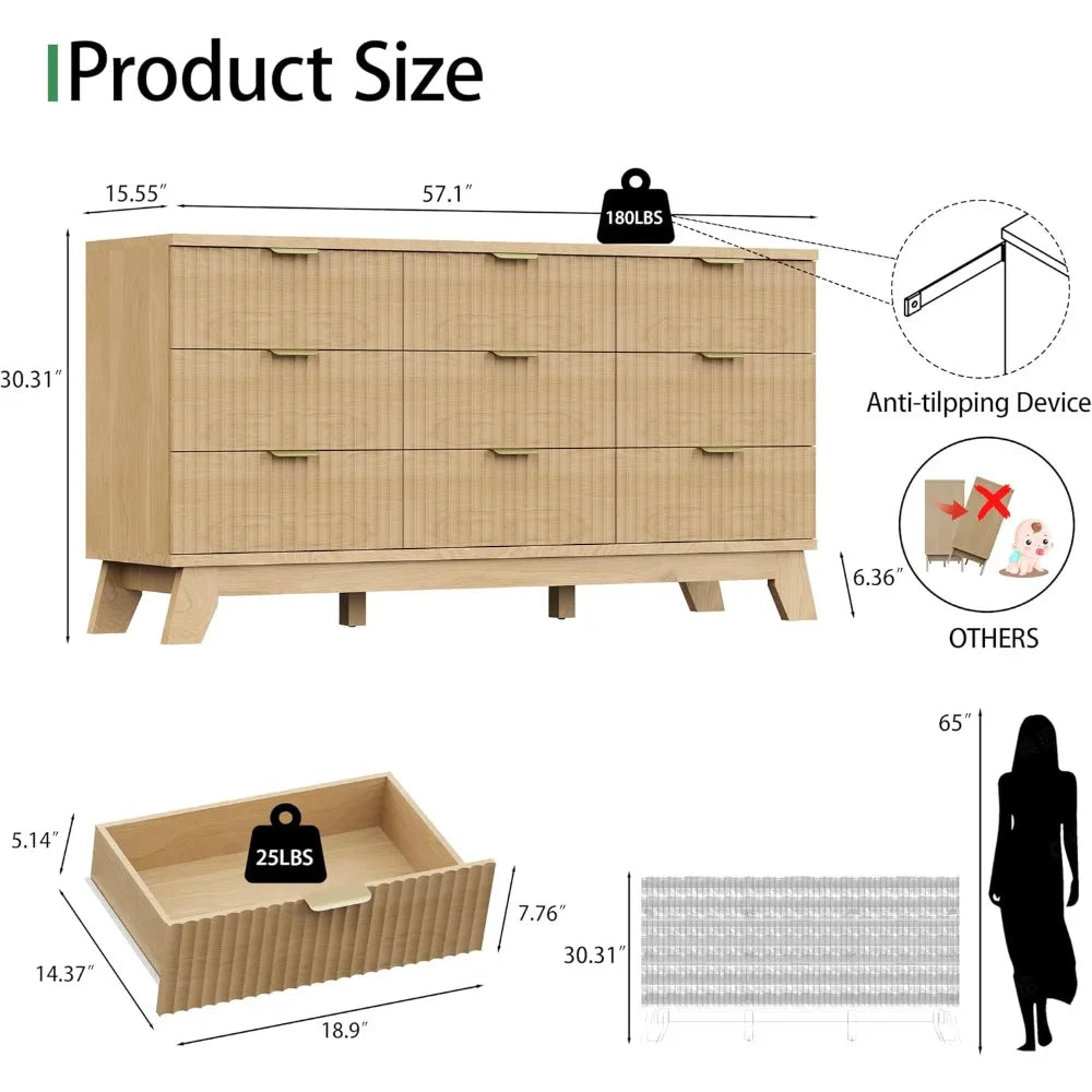 Fluted Dresser 9 Drawers Modern Chest of Drawers TV Stand Natural Oak