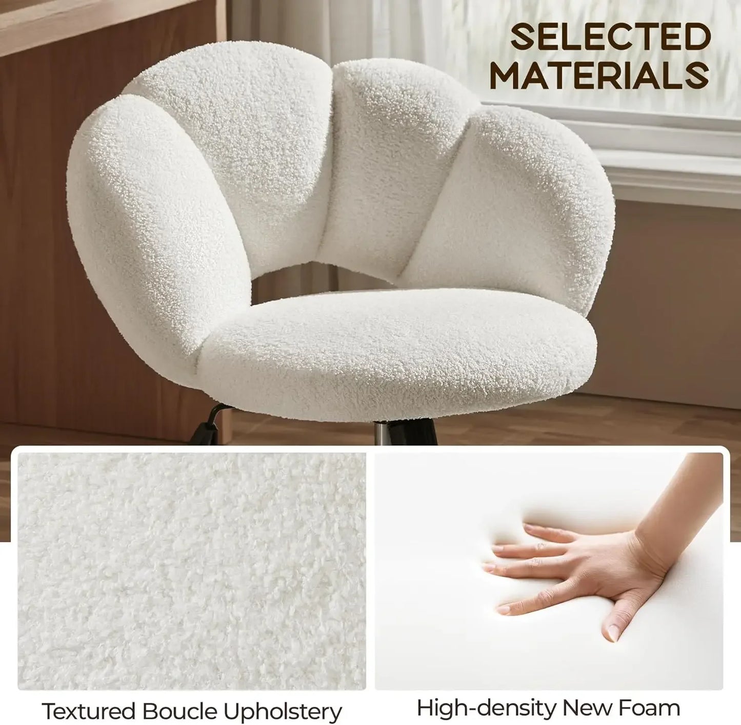 Boucle Upholstered Desk Chair Cloud-Shaped Adjustable Office Chair Rolling Wheels