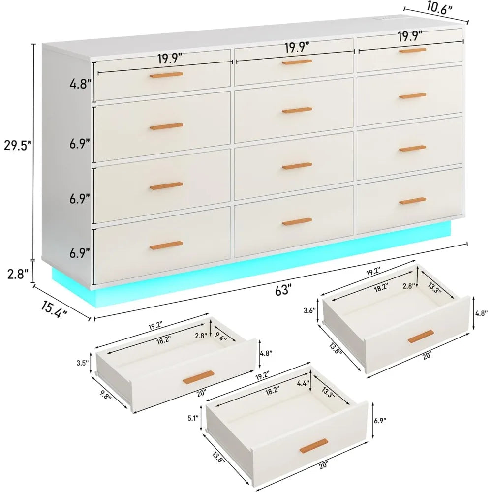 12 Drawer Dresser with Power Outlet LED Lights Storage Chest