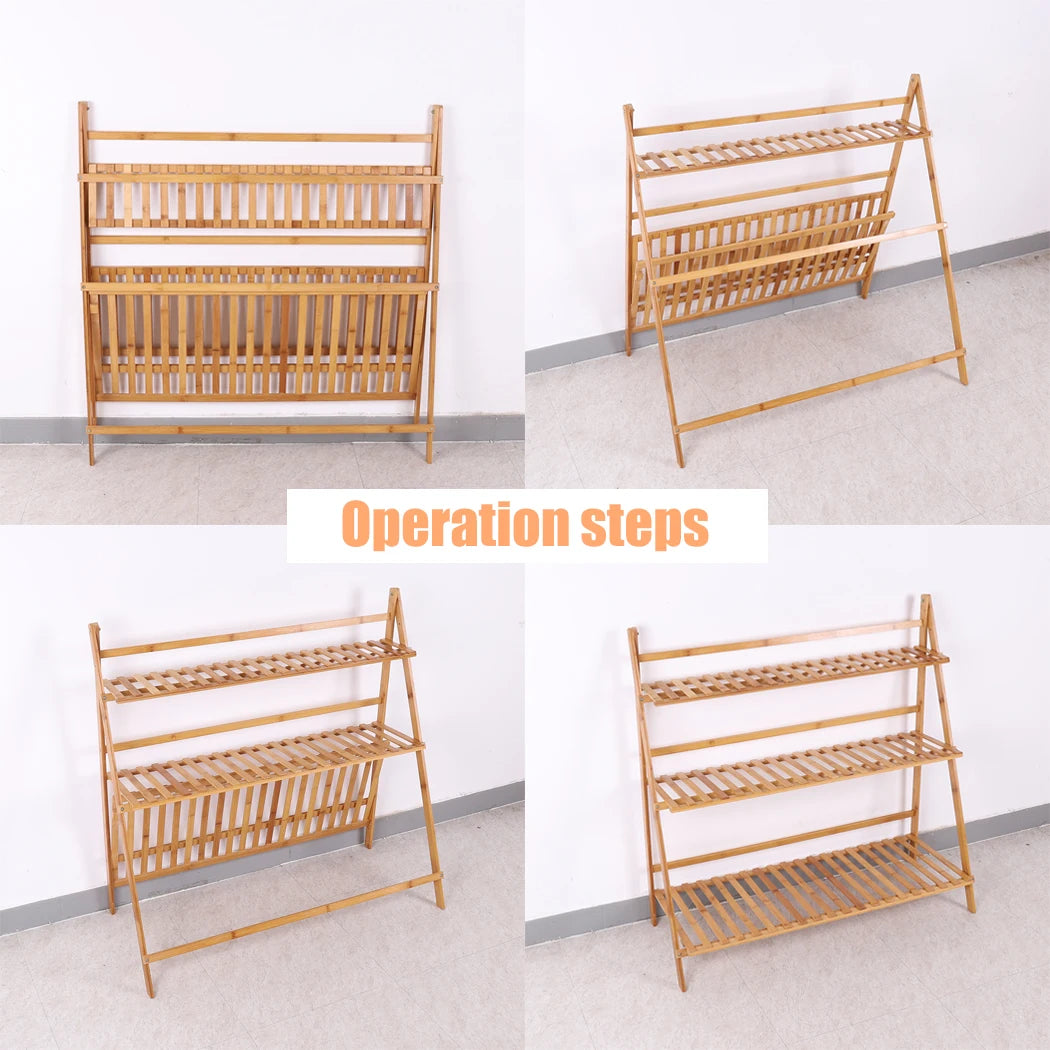 3 Tier Foldable Bamboo Plant Stand Indoor Outdoor Organizer Shelf