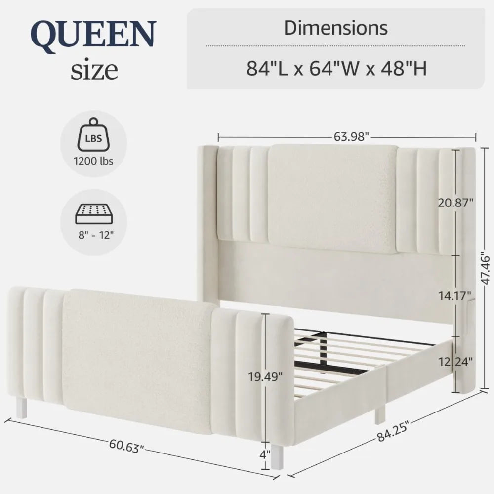 Queen Size Upholstered Bed Frame with LED Lights and Tall Headboard