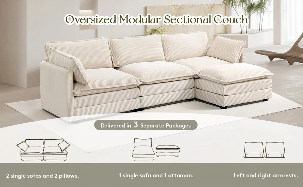 112 Inch 4 Seat L Shaped Modular Corduroy Sofa Set for Living Room