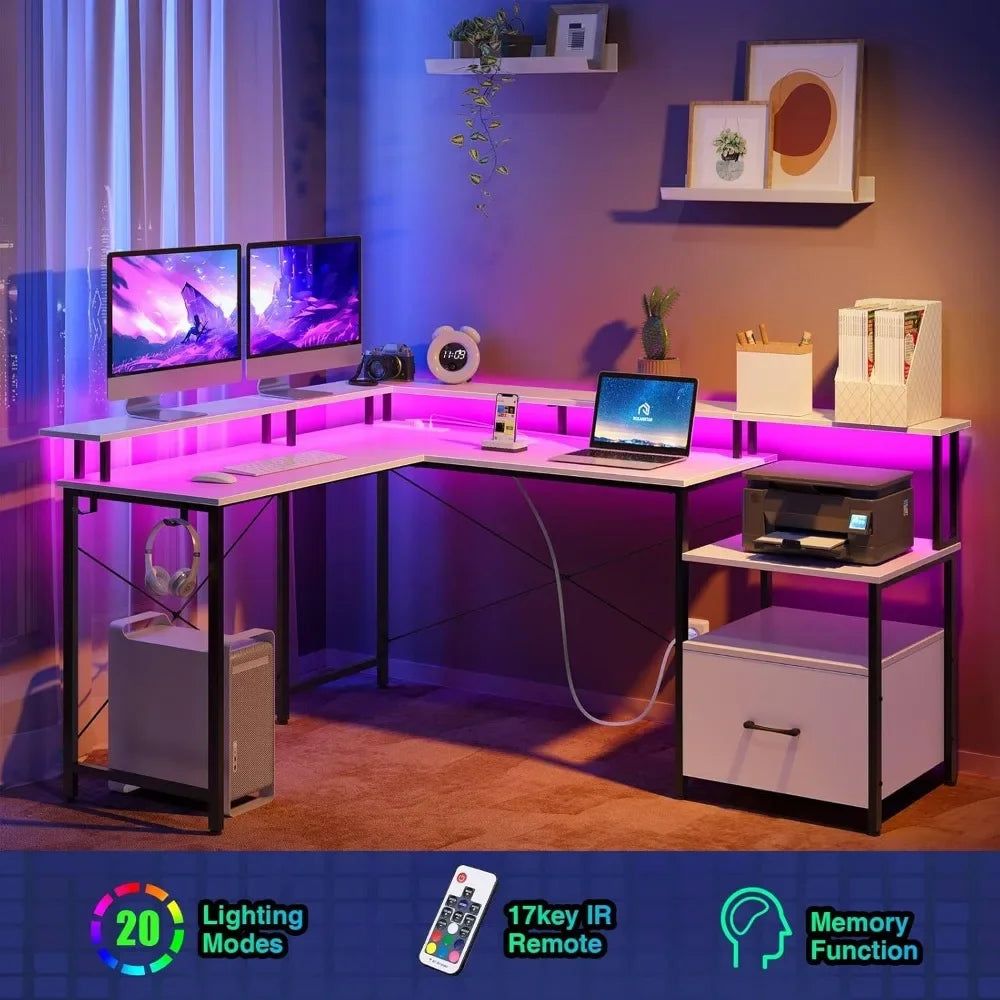 L Shaped Computer Desk with File Drawer Power Outlet LED Strip 64 Inch