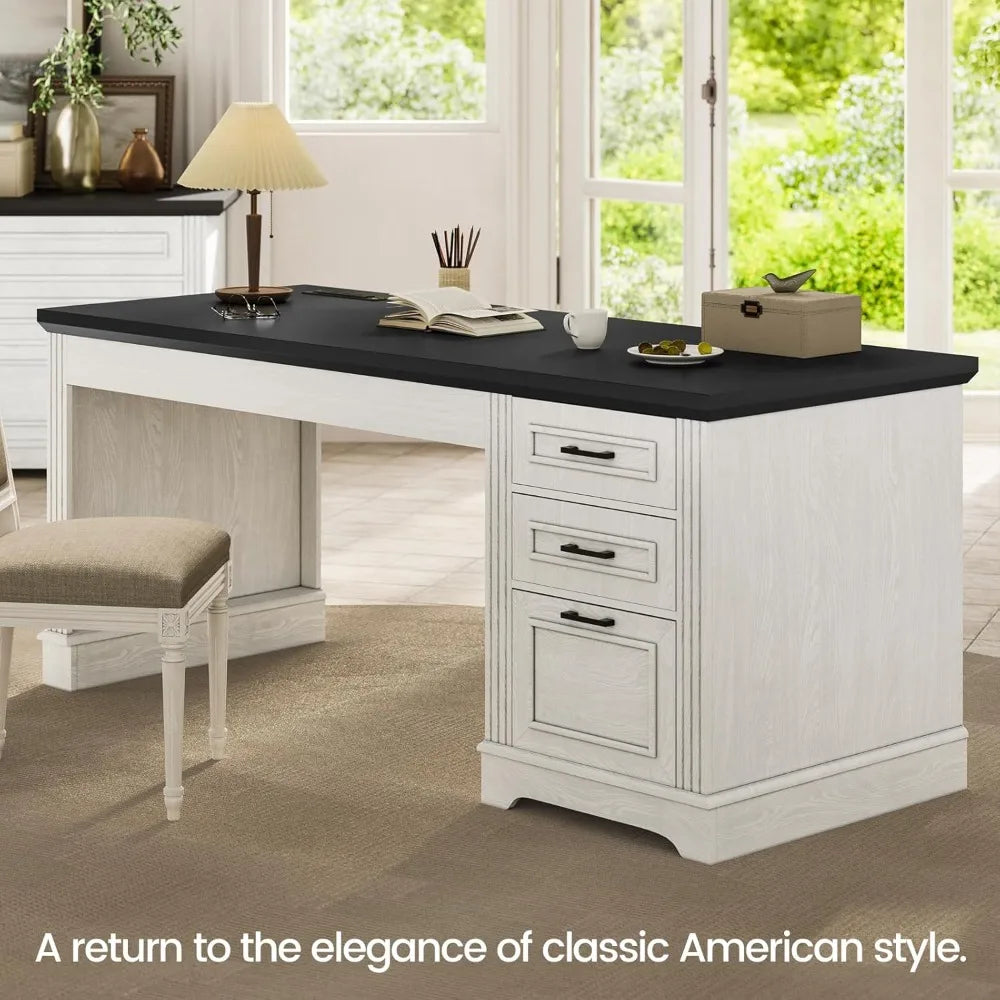 Farmhouse Executive Desk with Storage Drawers and Power Outlet