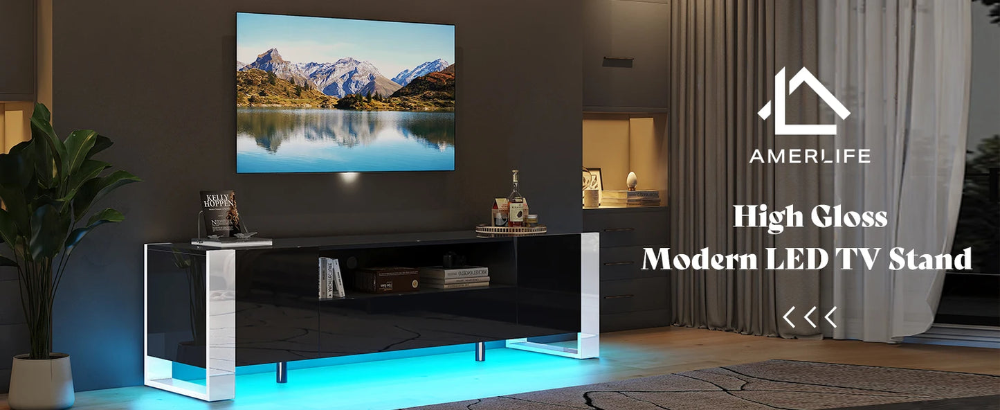 Modern 70 Inch TV Stand with LED Lights High Gloss Entertainment Center
