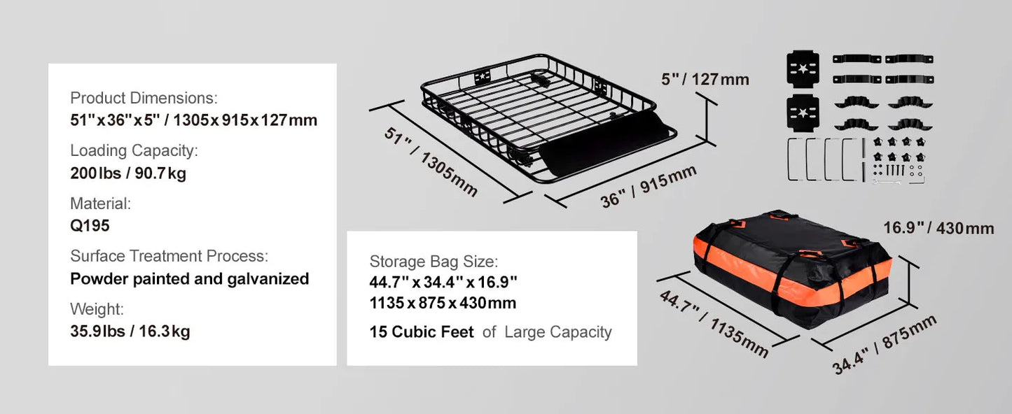 Ljustra Roof Rack Cargo Basket 46x36 Heavy-Duty 200LBS Capacity