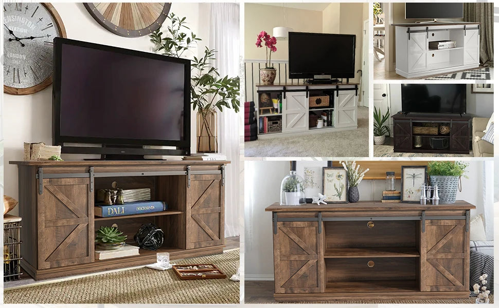 TV Stand for 65 Inch TVs with Sliding Barn Doors and Storage Cabinets