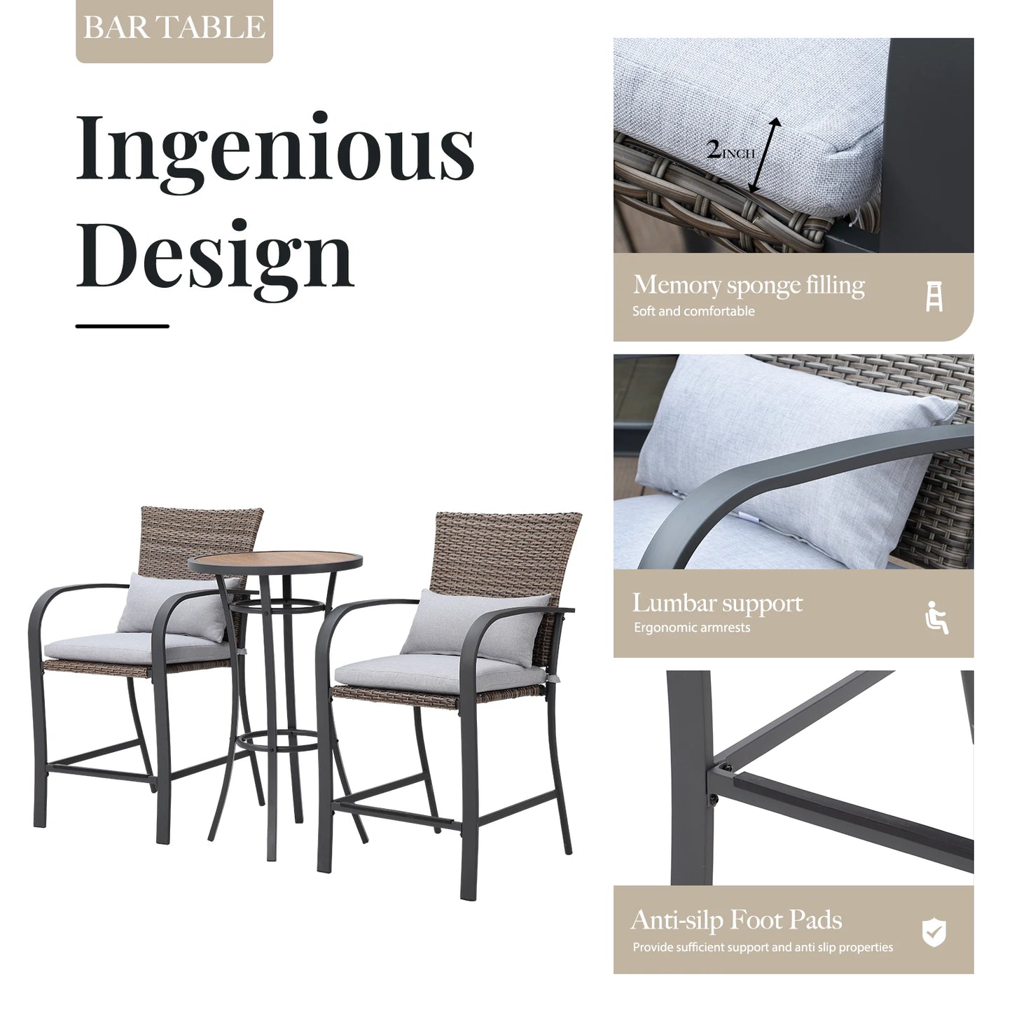 NAGA BAHNA 3pcs Patio Bar Set Rattan Wicker Outdoor Furniture