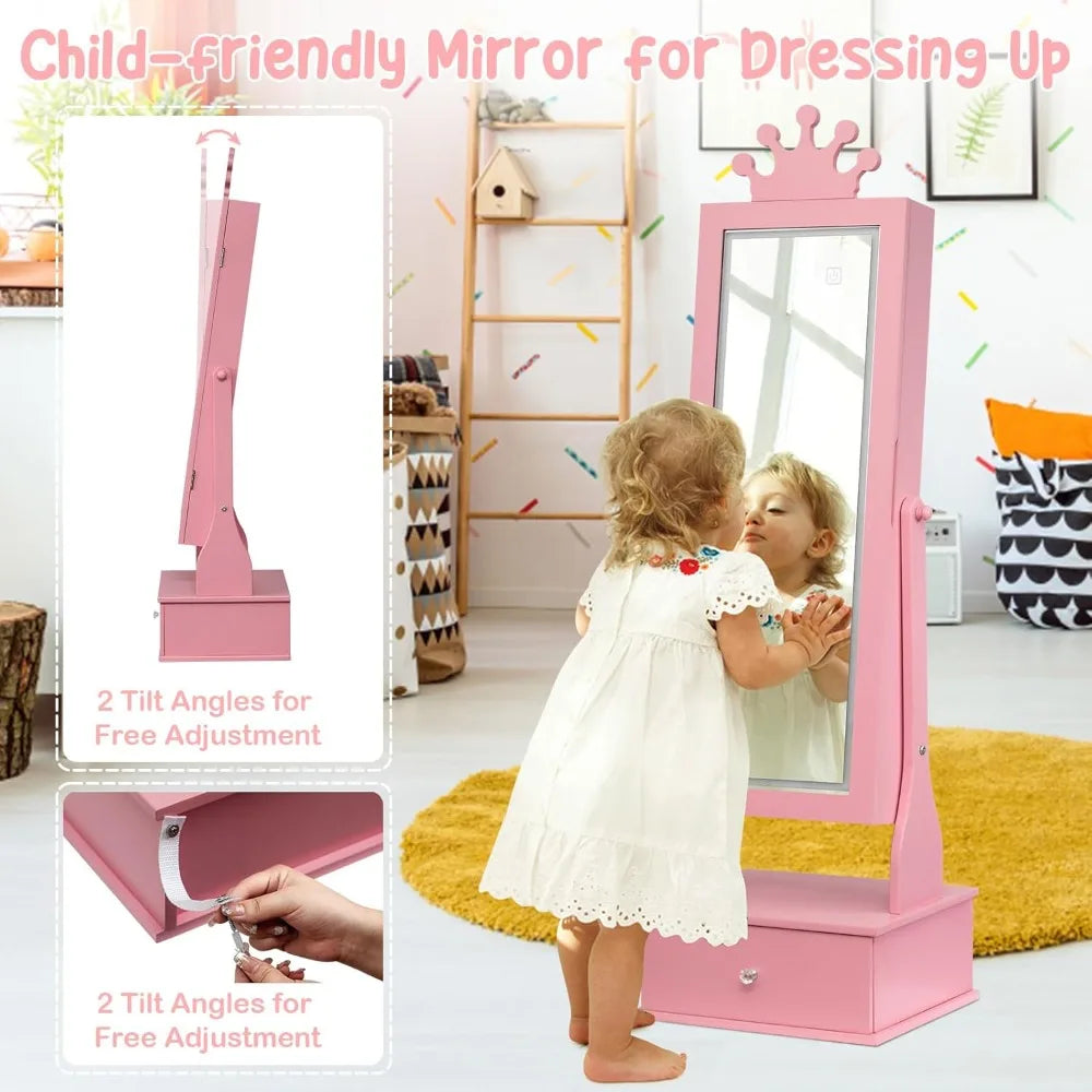 Kids Jewelry Armoire Cabinet with Mirror LED Light Organizer Storage