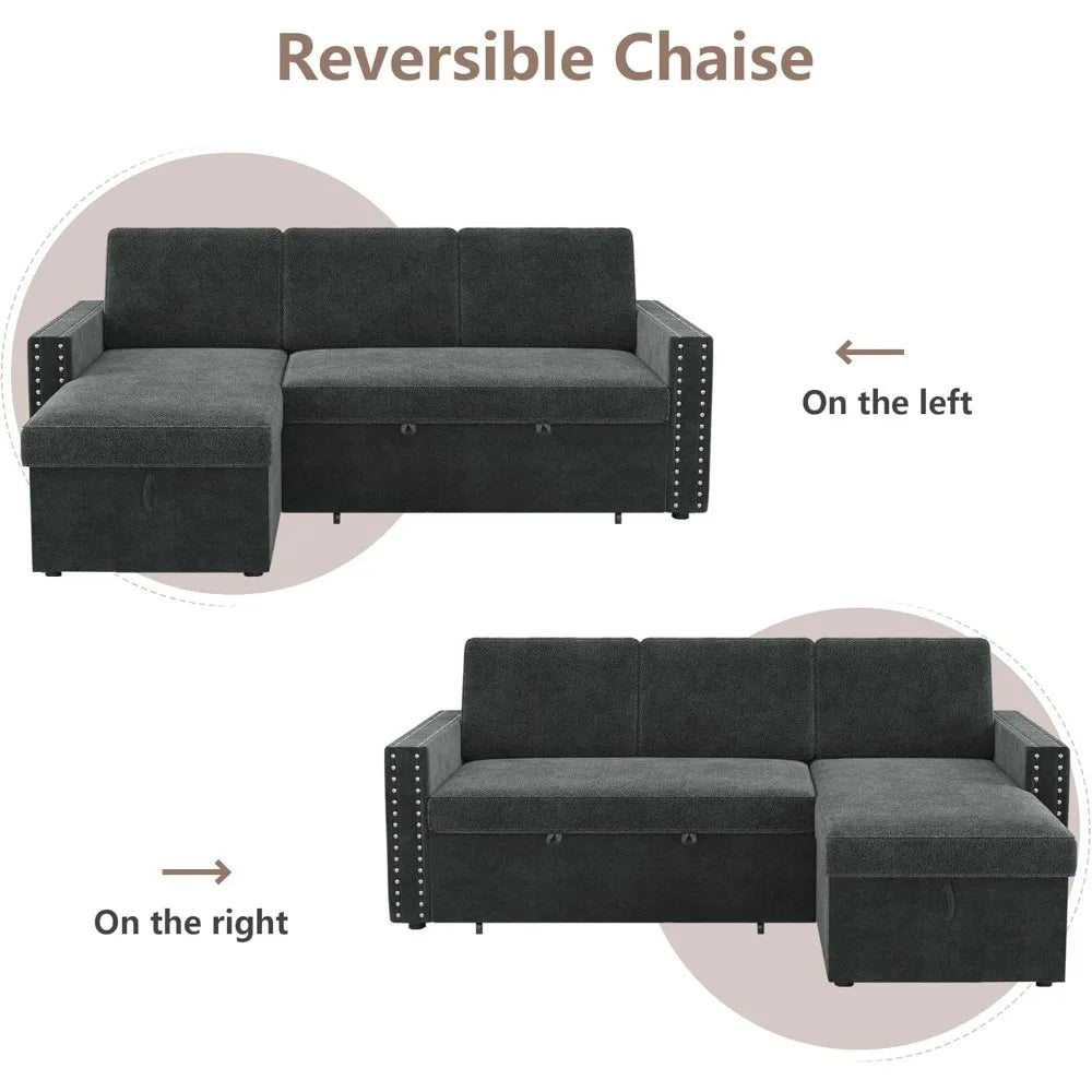 Reversible Sleeper Sectional Sofa Tufted Chenille L-Shaped Couch