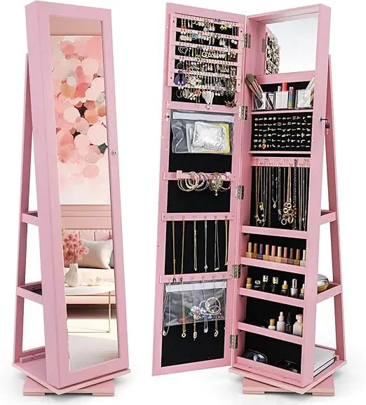 360° Swivel Jewelry Armoire Full Length Mirror Lockable Cabinet Organizer
