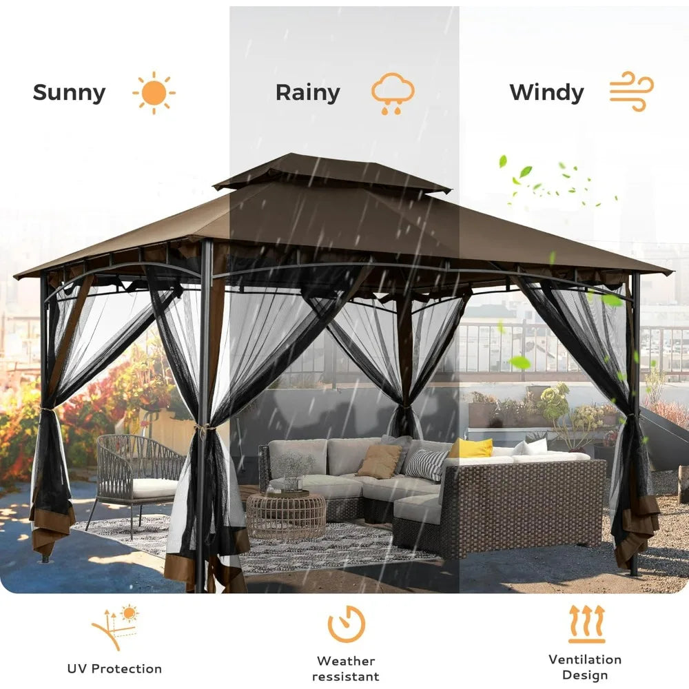 10x12 Outdoor Patio Gazebo Ventilated Roof Mosquito Netting Metal Frame