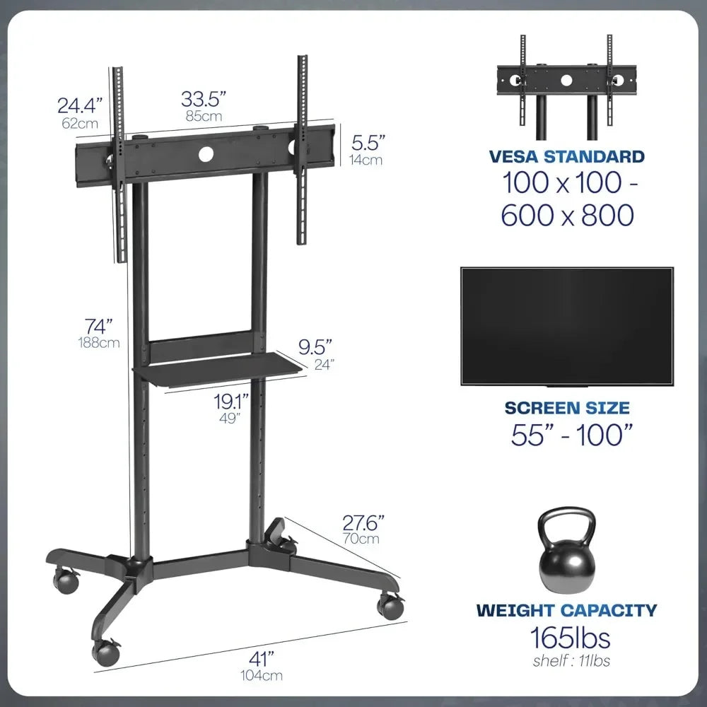 Mobile TV Cart Rolling Stand Adjustable Mount for 55 to 100 Inch TVs