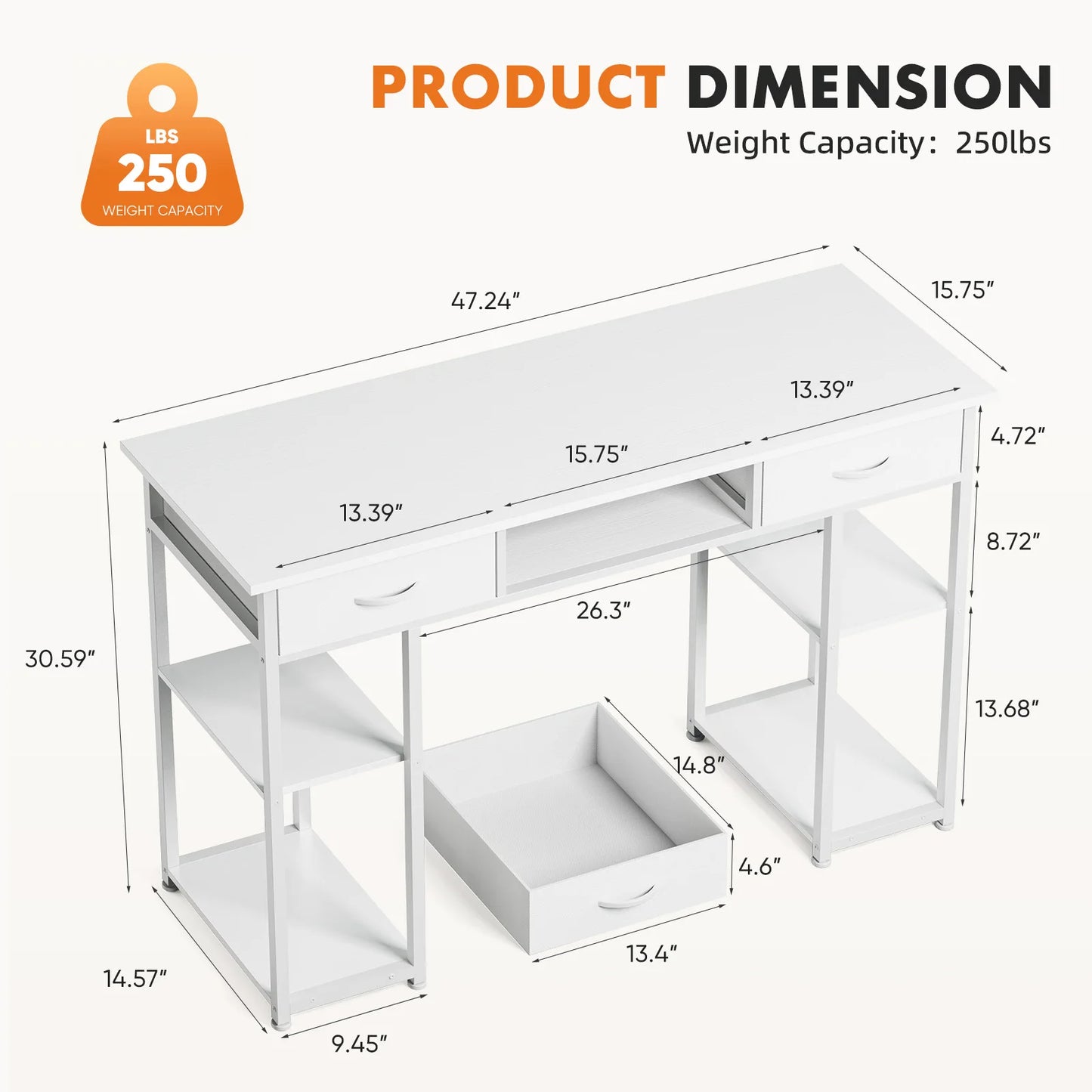 Ljustra 48 Inch Double Deck Shelving Office Desk with Storage Drawers