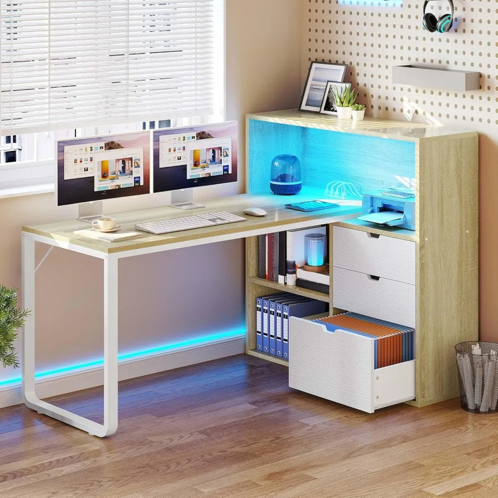 L Shaped Desk with Power Outlets LED Lights Computer Desk with Drawers