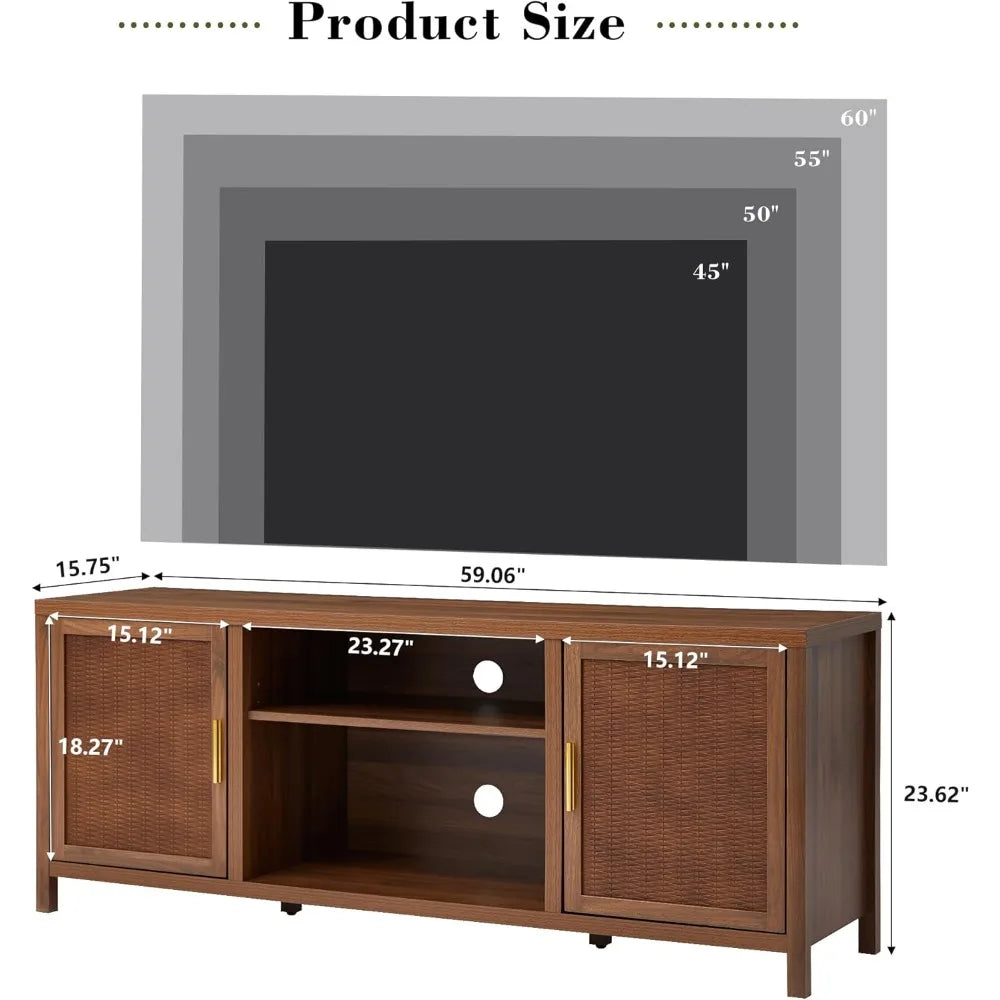 Mid Century Modern TV Stand Rattan Storage Cabinet for Living Room