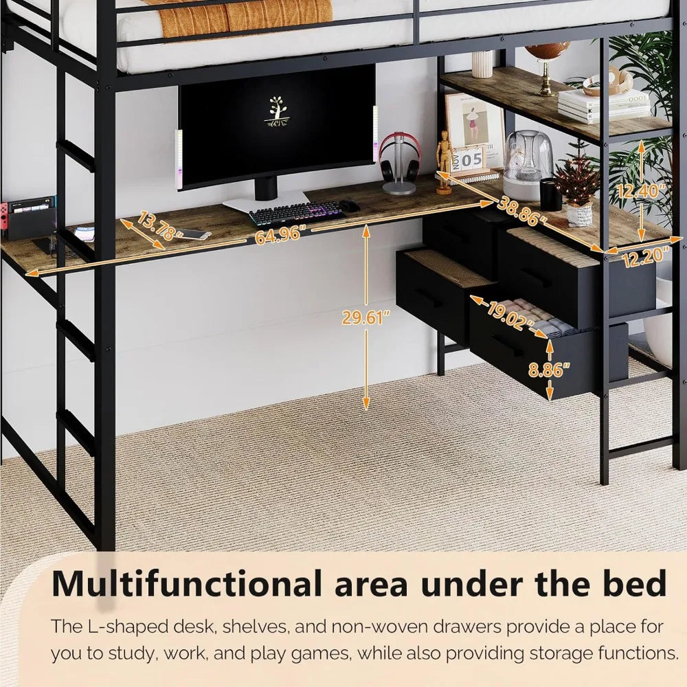 Ljustra Twin Metal Loft Bed Frame with Desk and Charging Stations