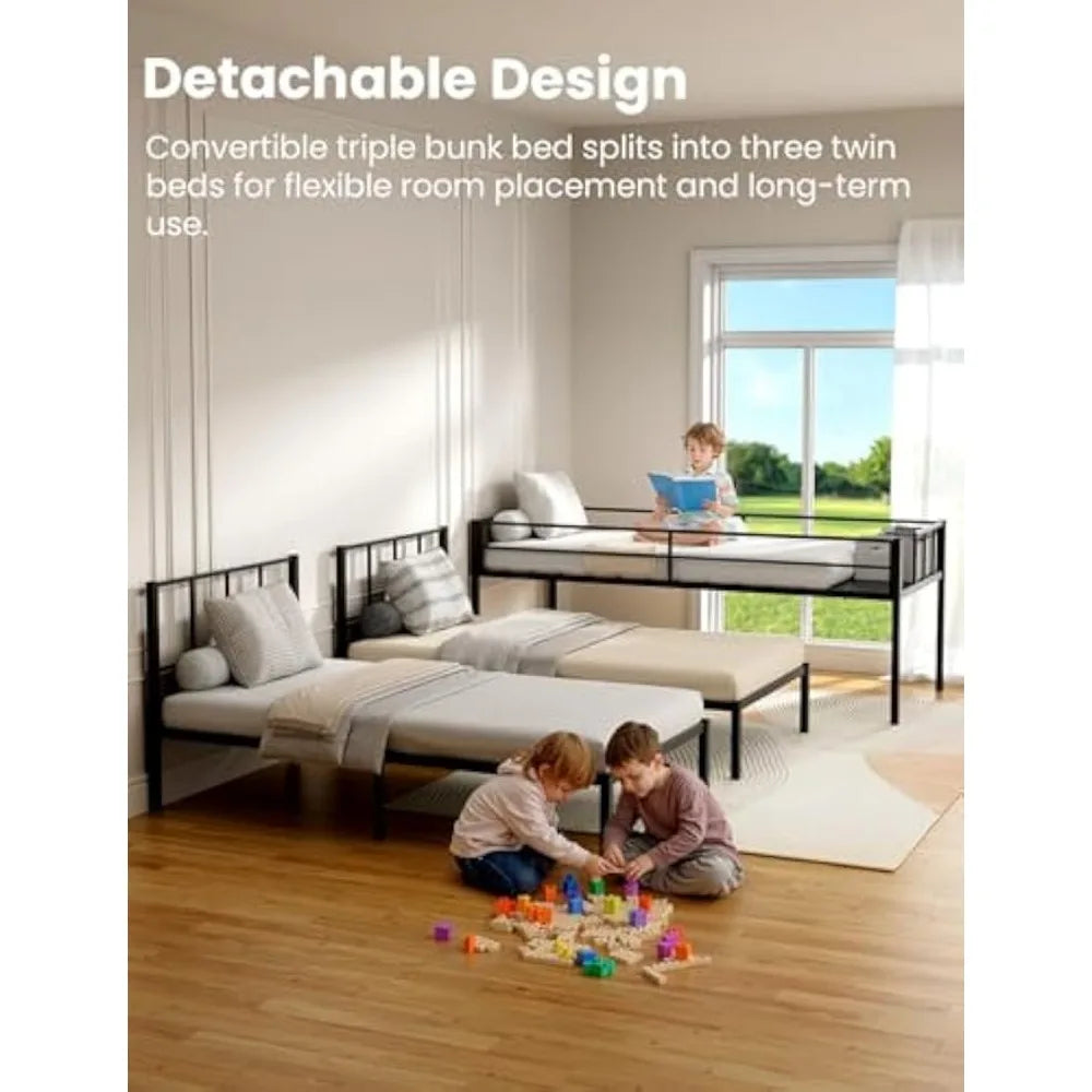 Heavy Duty Triple Bunk Bed Twin Over Twin Over Twin Metal Frame for 3