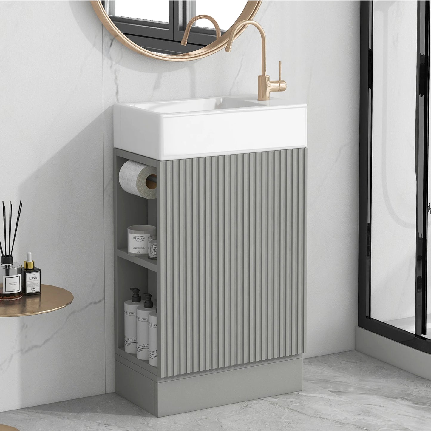 18.6 Inch Bathroom Vanity with Sink and Two-Tier Shelf Left Right Orientation