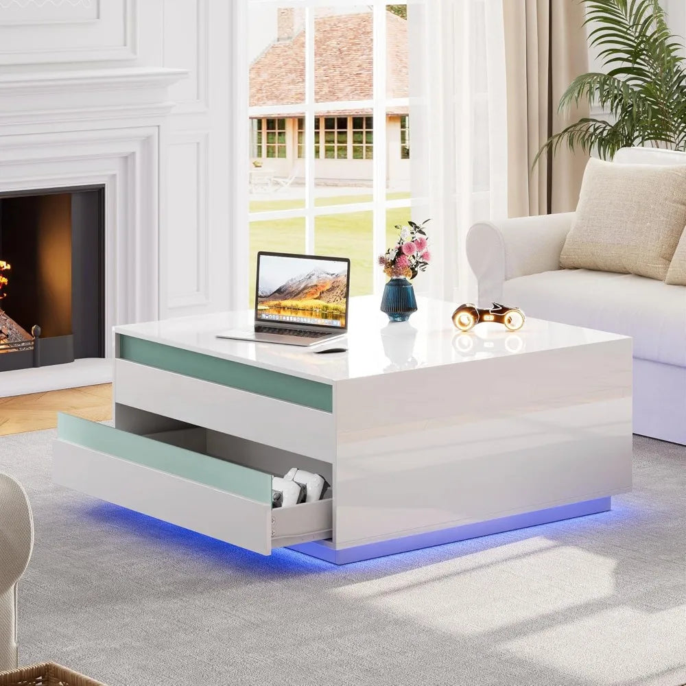 High Gloss Coffee Table with Storage Lift Top LED Modern Design