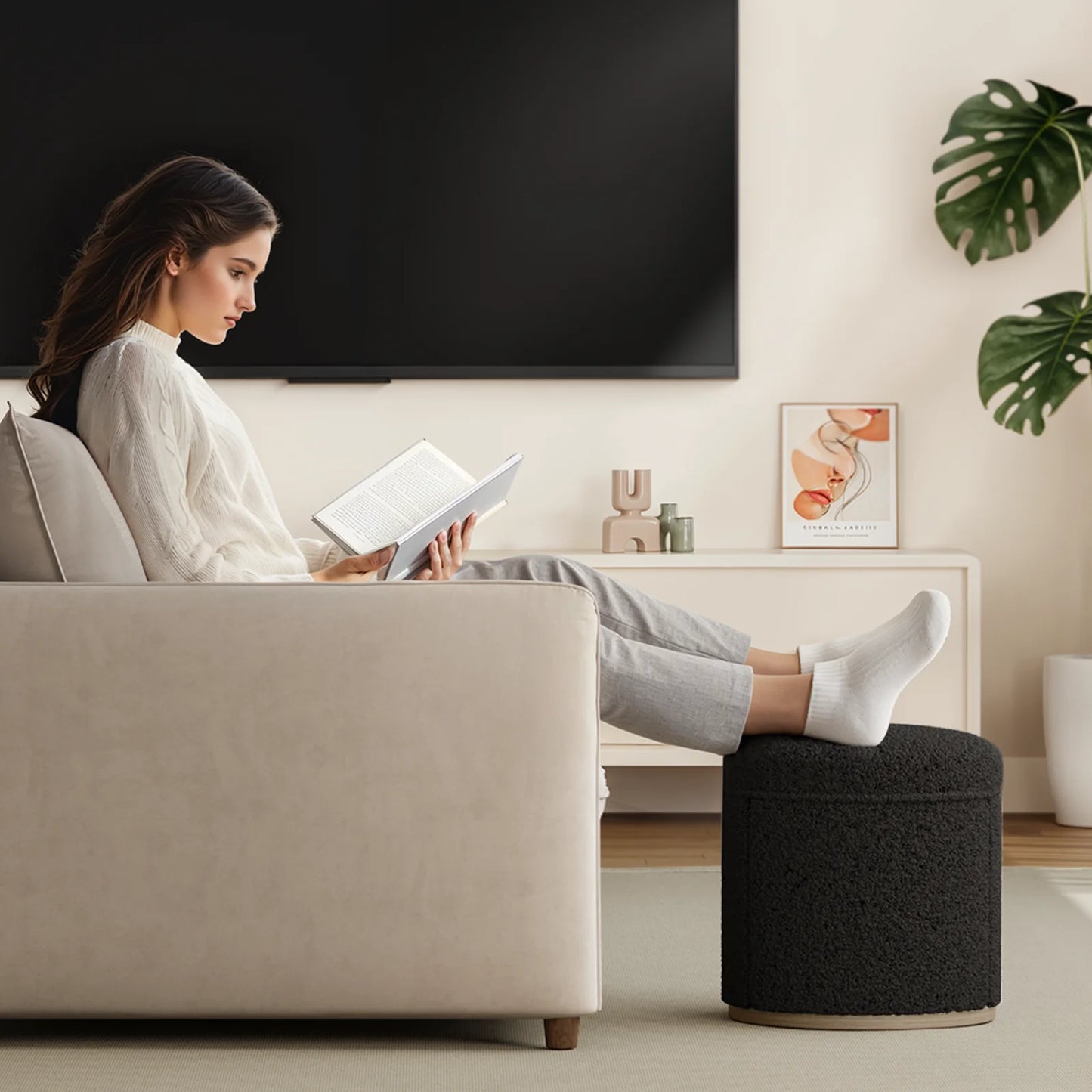 Round Storage Ottoman with Tray Vanity Stool Footrest Coffee Table