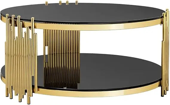 Luxury Modern 2 Tier Round Coffee Table Black Glass Gold Frame