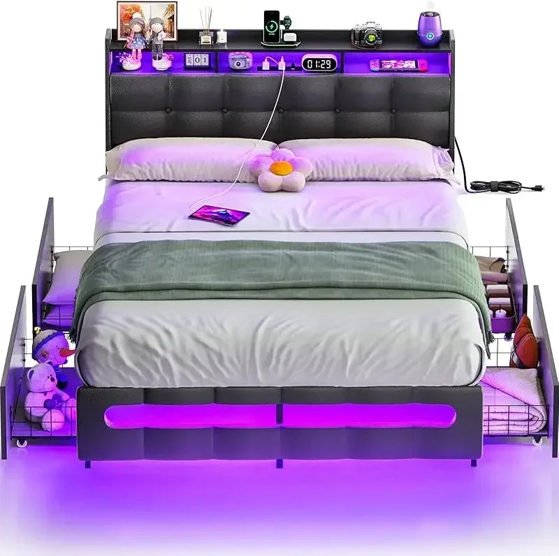 Ljustra Upholstered Full Bed Frame with Storage Headboard and LED Light
