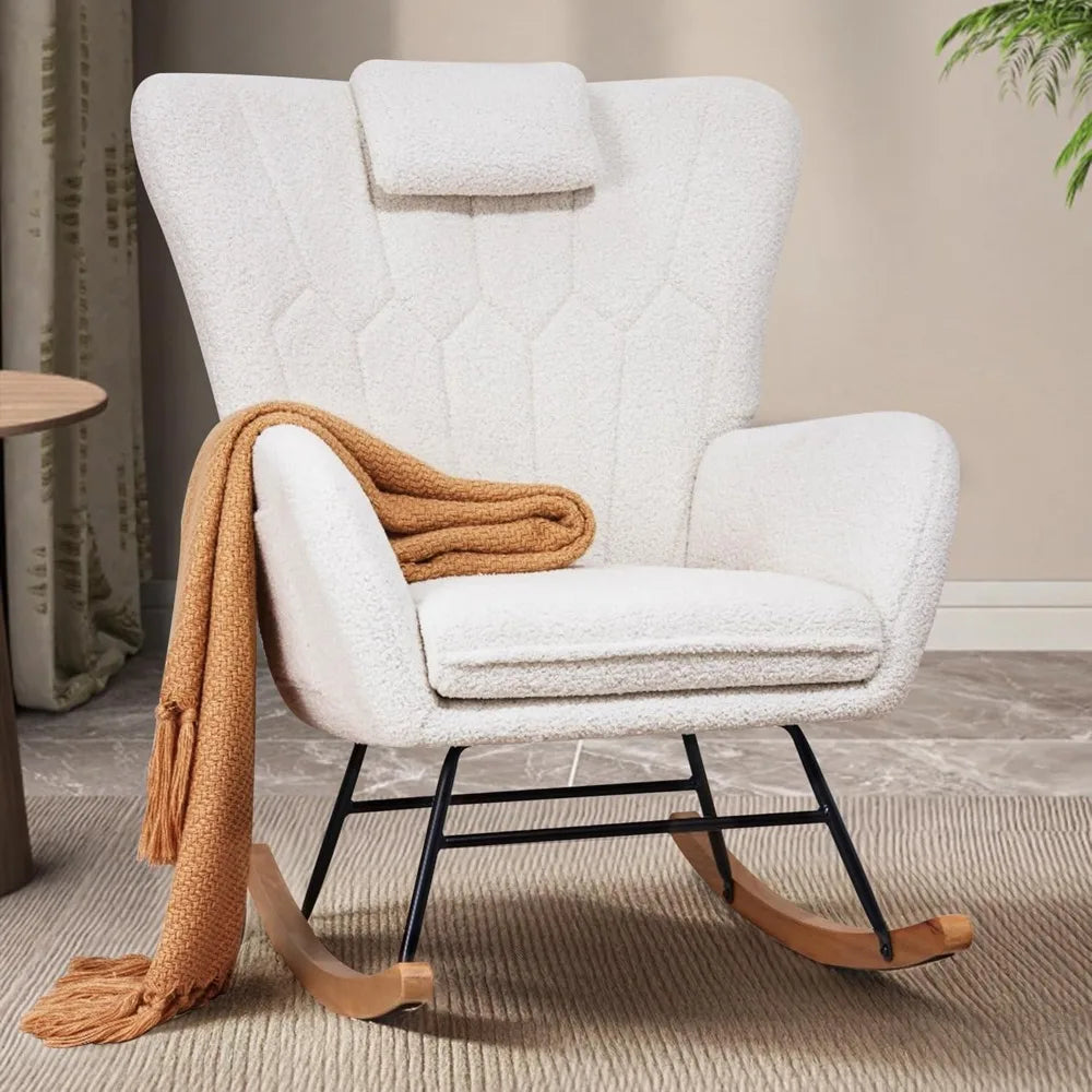 Rocking Chair Nursery Upholstered Glider Armchair High Backrest Padded Seat