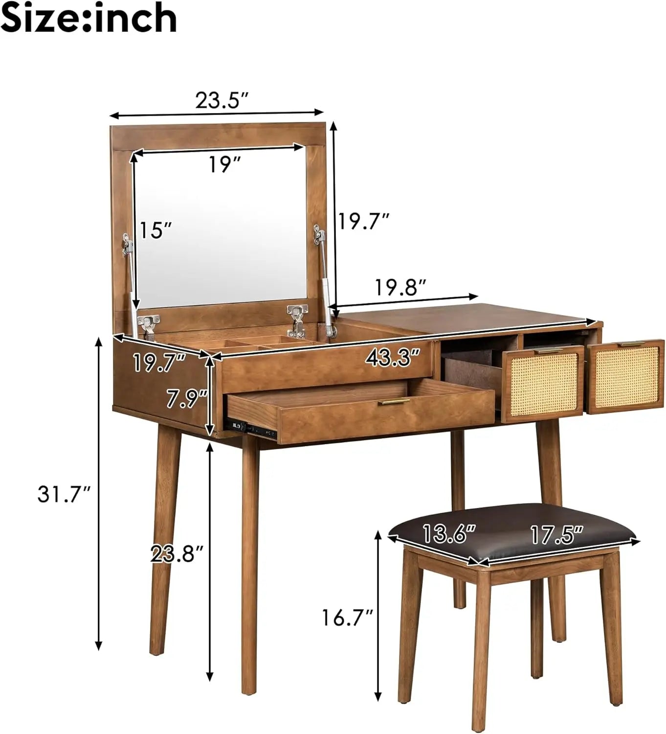 Classic Wood Makeup Vanity Desk Set with Flip-top Mirror and Stool
