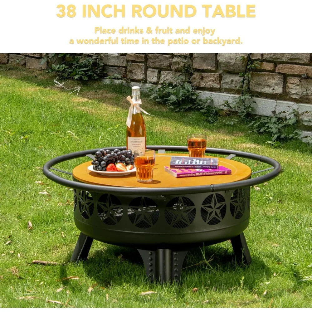 38 Inch Wood Burning Fire Pit Outdoor 3-in-1 Grill Table with Screen