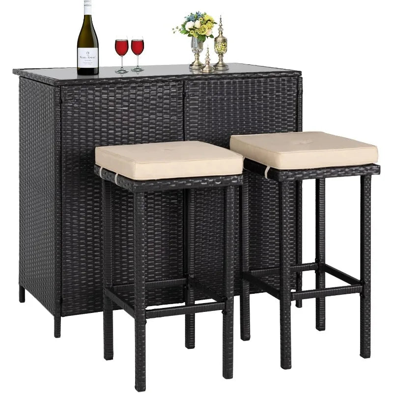 3 Piece Wicker Patio Outdoor Bar Set with 2 Stools and Table
