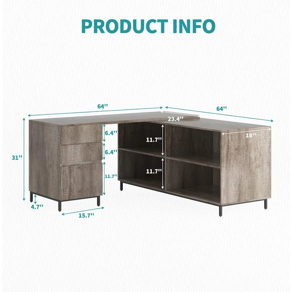 Home Office Corner Desk L Shaped Writing Desk with 3 Drawers and 4 Shelves