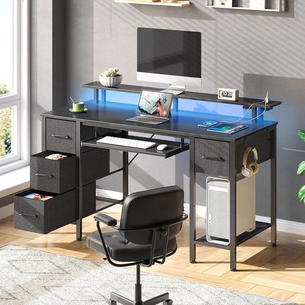 Computer Desk with LED Lights and Power Outlets for Home Office