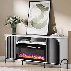 68 Inch Fluted TV Stand with Electric Fireplace Modern Entertainment Center
