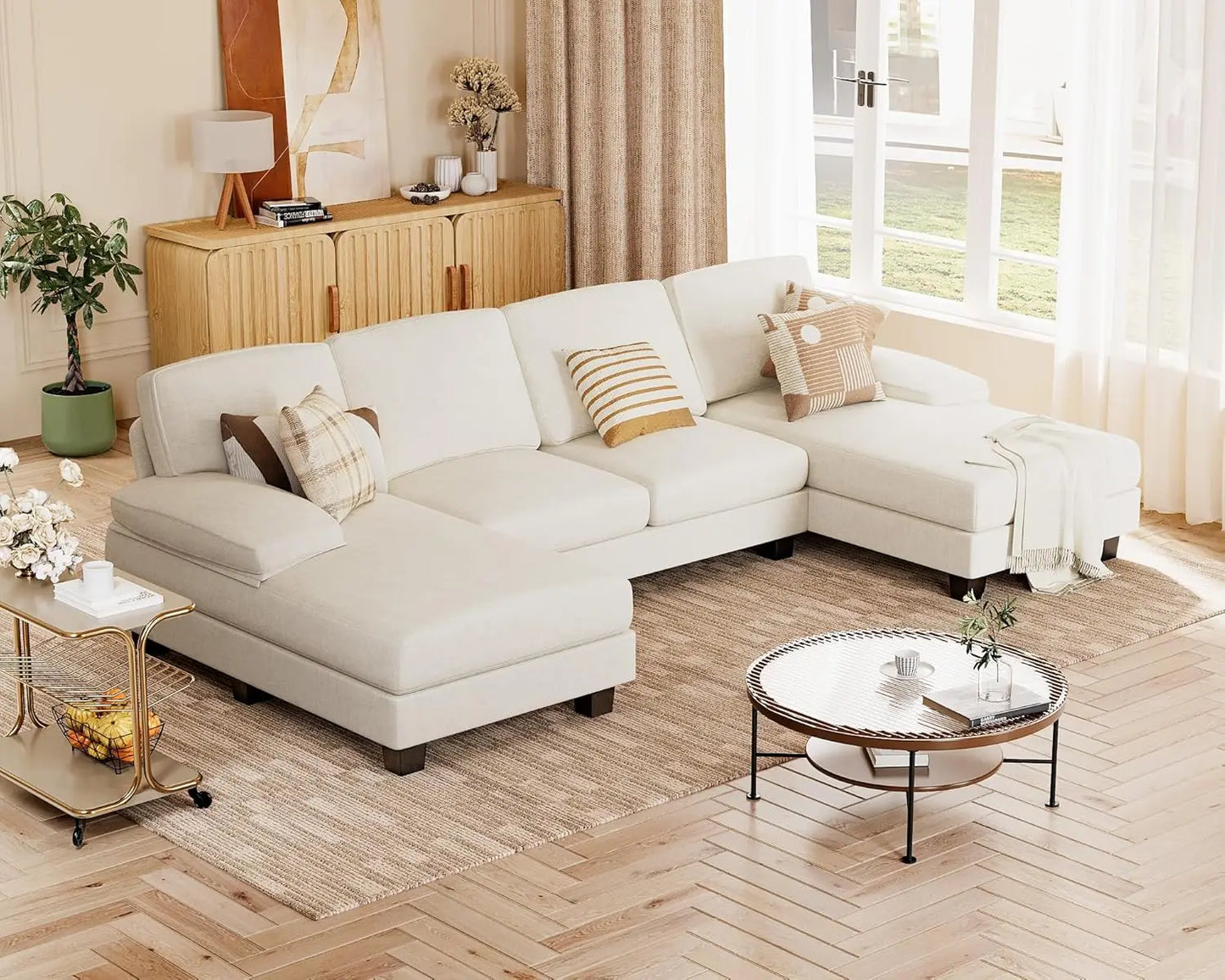 Ljustra U Shaped Sectional Couch Modern Chenille Fabric Sofa 4 Seat