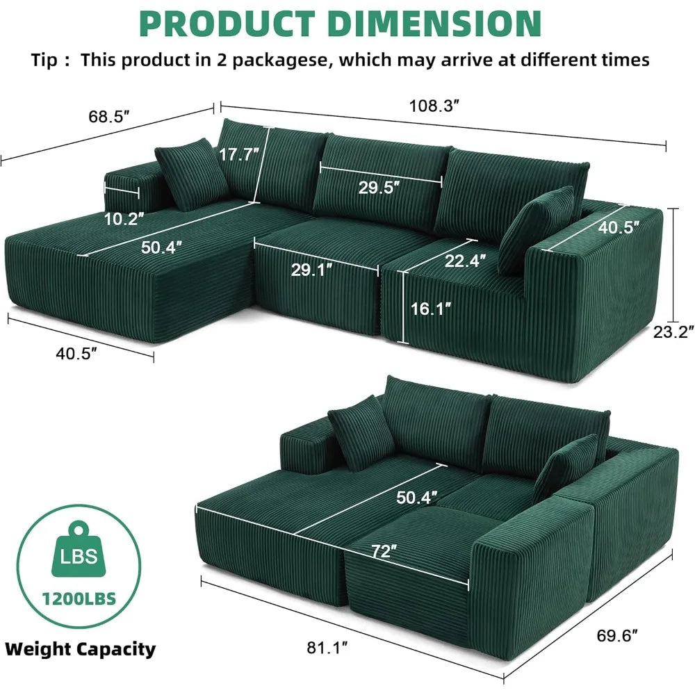 Ljustra 108" Modular L-Shaped Sectional Sofa Couch, Deep Seat, Modern Morocco Green