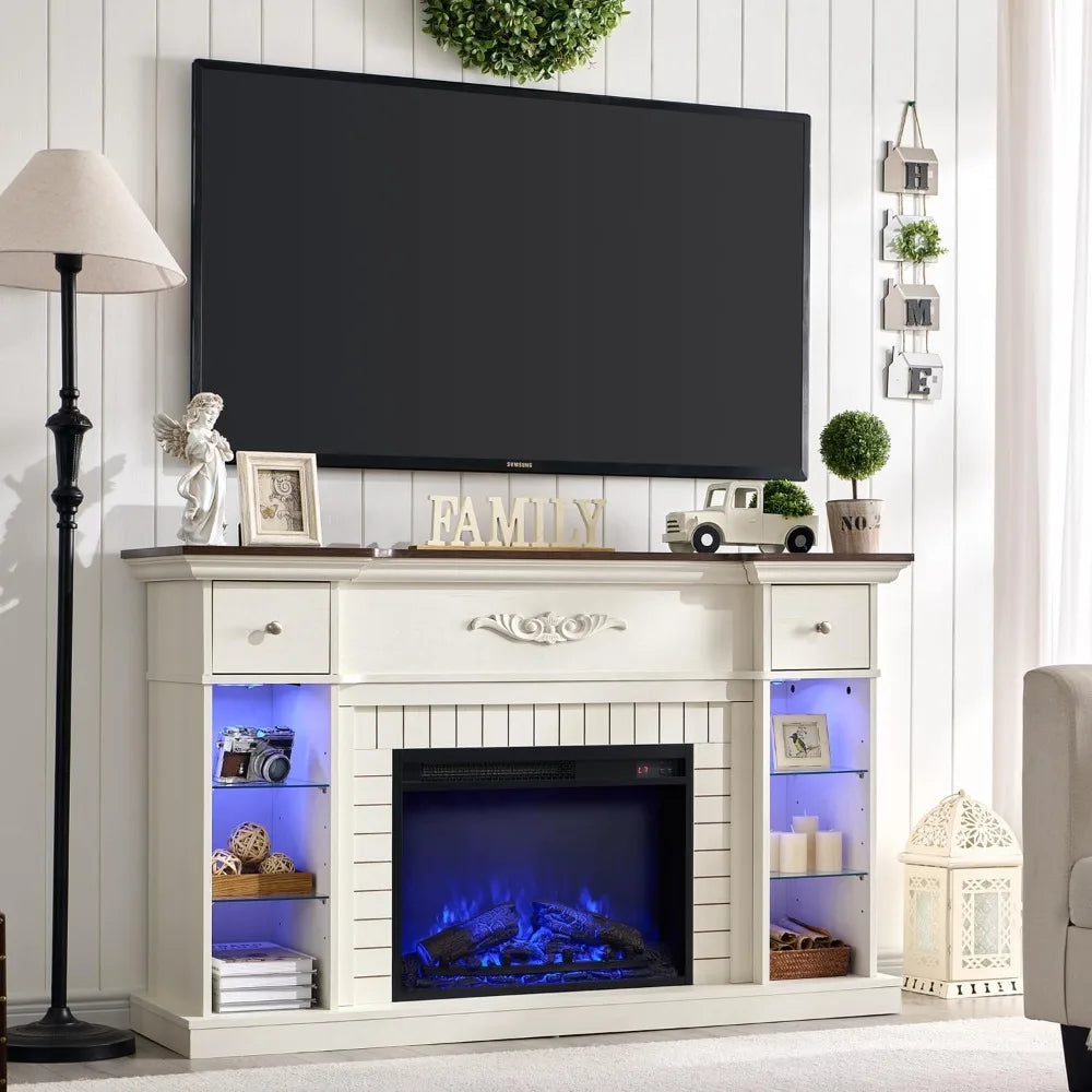54 Inch Farmhouse Electric Fireplace TV Stand with LED Lighting Colors