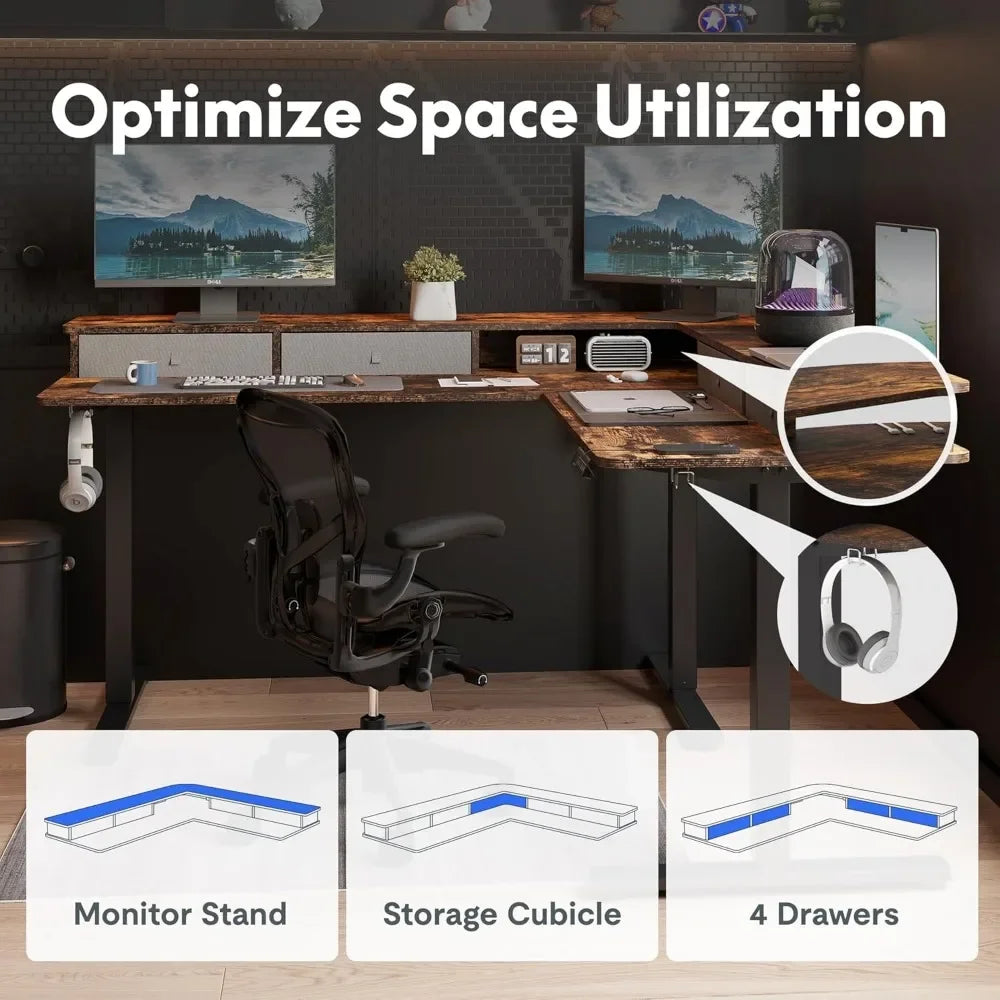 63 Inch L Shaped Electric Standing Desk with 4 Drawers and Shelf