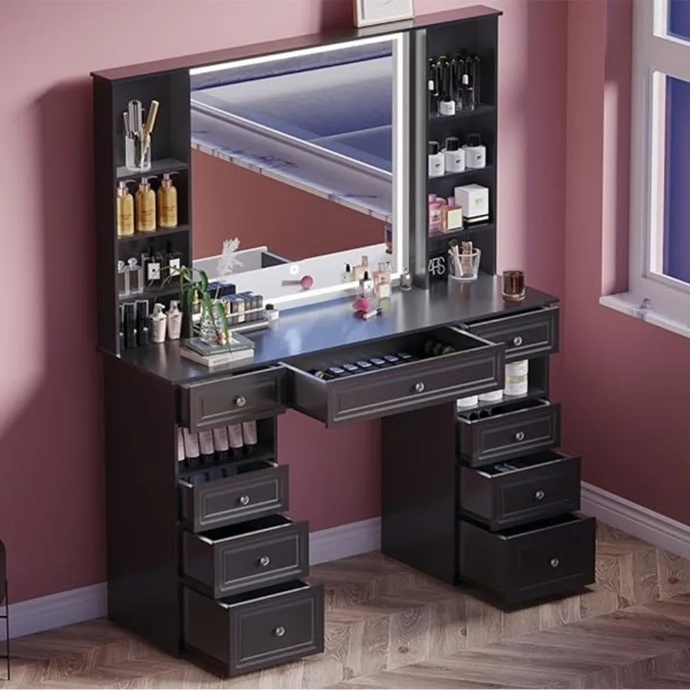 Black Vanity Desk with Lighted Mirror and 9 Storage Drawers for Makeup