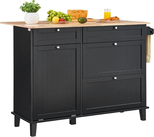 Kitchen Island Cart Wood Top Breakfast Bar with Trash Cabinet Storage